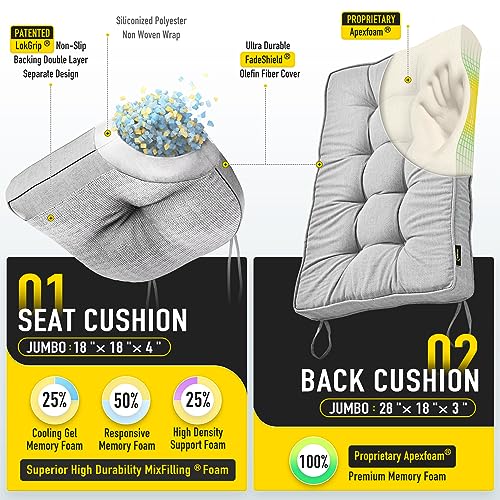 SUNROX Memory Foam Jumbo Rocking Chair Cushions, FadeShield Water Resistant Non Slip Durable Tufted Pads, Set of Seat & Back Cushion with Ties for Indoor/Outdoor Rocker, 2 Piece, Heather Grey by SUNROX - Used condition - Image 2