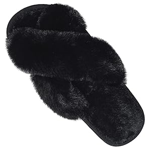 Hi Clasmix Fuzzy Slippers for Women-Cross Band Cozy House Home Bedroom Fluffy Slippers Plush Furry Open Toe Slide…