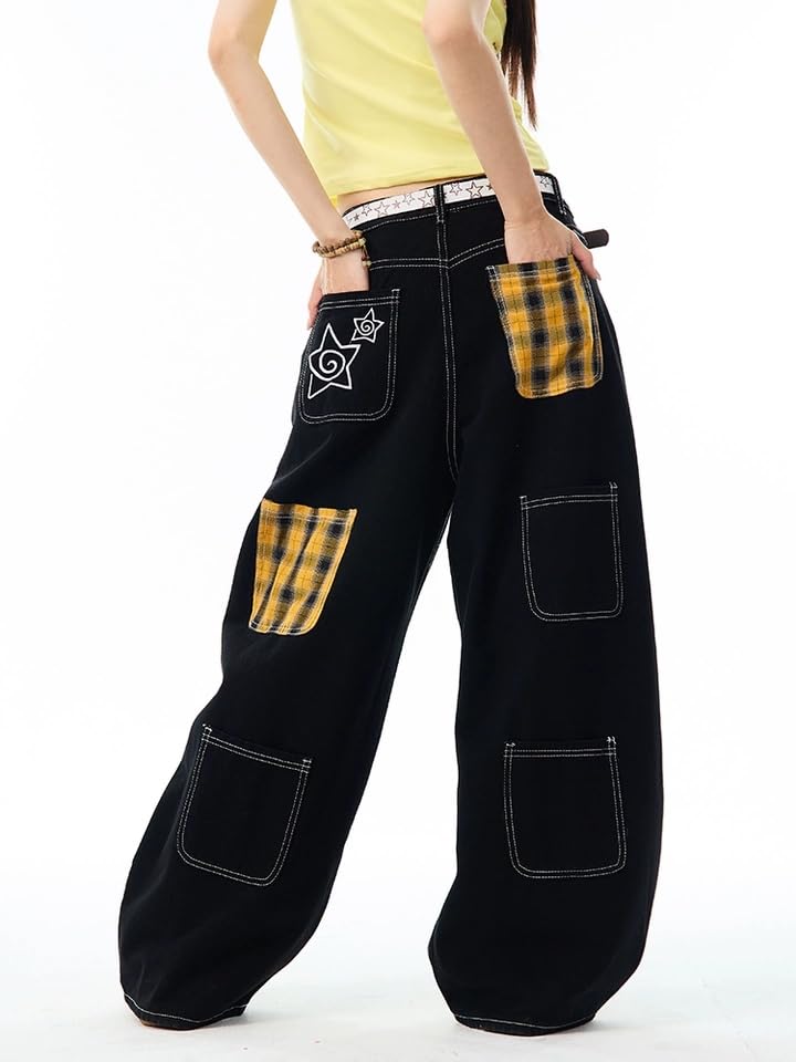 Unisex Y2k Vintage Plaid Multi Pockets Star Embroidery Jeans Hiphop Harakuku Loose Fit Casual Wide Leg Denim Pants4