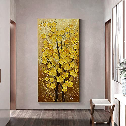 Tableau salon contemporain arbre de vie jaune doré sur toile géante de 120 x 240 cm