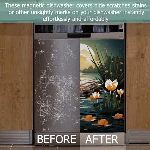Image of Mallard Duck Dishwasher Magnets Decorative Cover,Farmhouse Flowers Waterproof Magnetic Dishwasher Cover Panel,Refrigerator Magnet Cover for Kitchen Home Decor 23x26 Inch