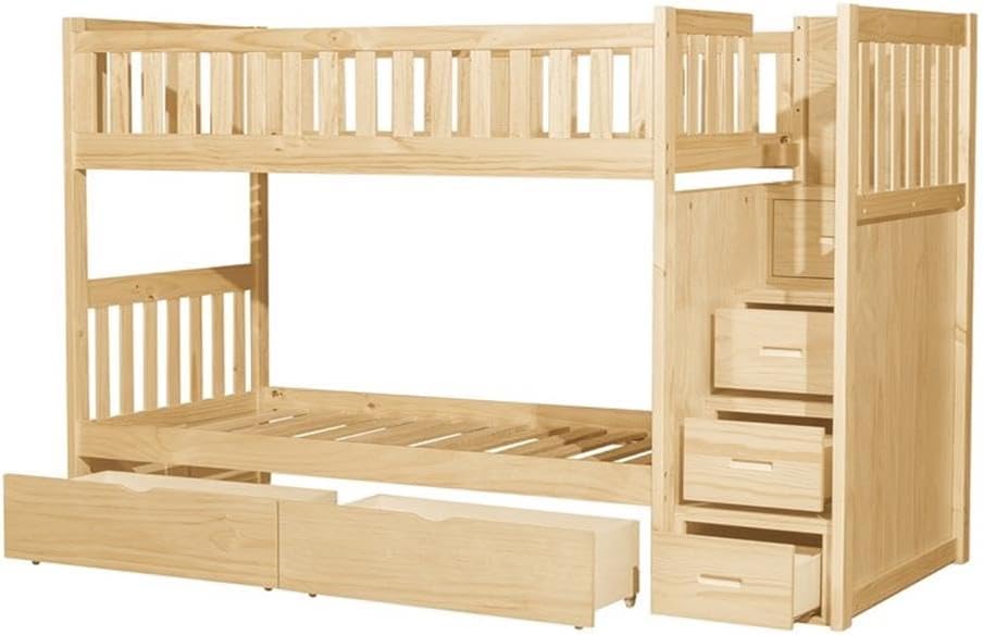 Pemberly Row Twin Over Twin Step Bunk Bed with Storage Drawers, Natural Pine Finish, Pine Veneer/Wood/Engineered Wood, Reversible Stair Design, Under-Bed Storage Boxes, Guard Rails, Kids Bedroom