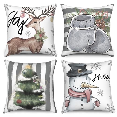 Uiiooazy Kissenbezug 30x30cm, Kissenbezüge 4er Set Grau Weihnachten...