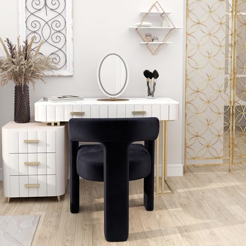 Image of HNY Modern Barrel Kitchen & Dining Room Chair, Velvet Upholstered Accent Chair with Arm, 18.5'' Wide Side Armchair Vanity Chair for Living Room Bedroom Makeup Small Spaces, Black