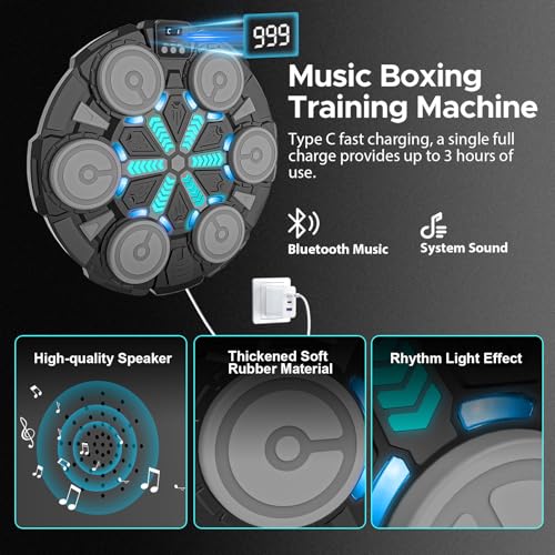 Image of Music Punching Machine for Kids Adults,Bluetooth Wall Mounted Boxing Trainer with Gloves,Rhythm Lights,2 Player Battle Mode,Reaction Training Pad,Home Gym Sport Toys Gifts for Boys Girls Teens 3-12+