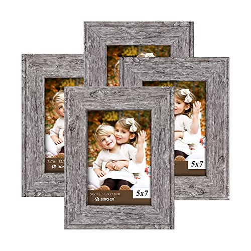 Boichen Picture Frames 5X7 Gray (Set Of 4 Pack) - Rustic Farmhouse Wood Grain Photo Frame With Glass Cover - Ready To Hang Or Stand #TOP23