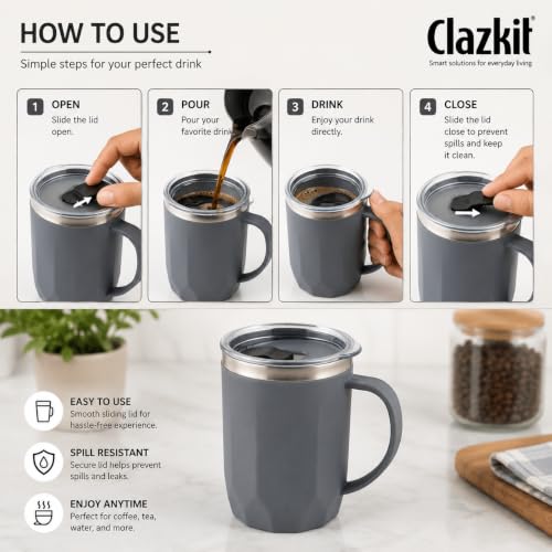 Image of Clazkit Travel Leak Proof Coffee Mug | Stainless Steel Coffee Tumbler | Spill-Proof Lid | Hot & Cold Vacuum Mug for Office, Travel & Car- 400ml - Grey