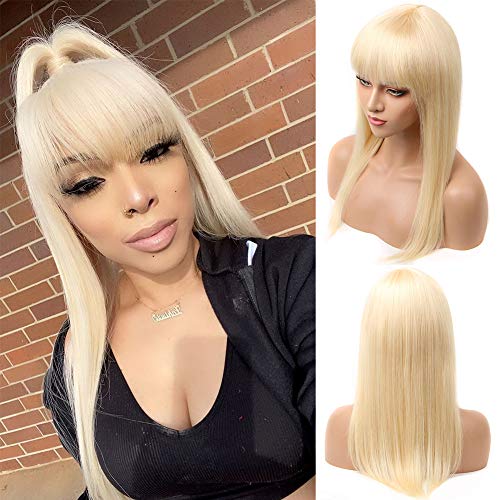 613 Blonde Human Hair Wigs With Bangs Brazilian Straight Human Hair None Lace Front Wig With Bangs 150% Density Glueless Full Machine Made Wigs For Black Women (18 inch, 613 wig with bangs)