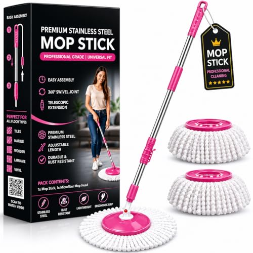 Image of Ultra Premium 360 Spin Mop Stick Rod with Stainless Steel Handle | Adjustable & Extendable Heavy Duty Mop Handle | Floor Cleaning Refill Rod Compatible with Spin Mop (Pink) (2 Refill)