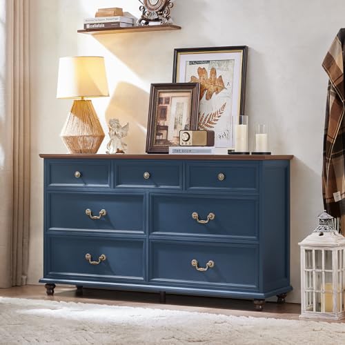 Image of Joaxswe Farmhouse 7 Drawers Dresser for Bedroom, Navy Blue 54 Inch Wide Chest of Drawers w/ 4 Wooden Legs, Vintage Rustic Closet Dressers for Living Room, Large Wood TV Stand with Storage Organizer