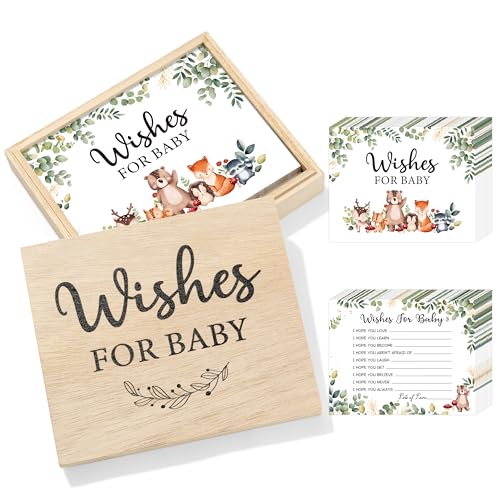 H1vojoxo 51PCS Baby Shower Advice Cards and Wooden Keepsake Box Wishes for Baby Cards Double Sided Greeting Cards Newborn Baby Best Wishes Cards for Gender Reveal Baby Shower Favors Party Supplies