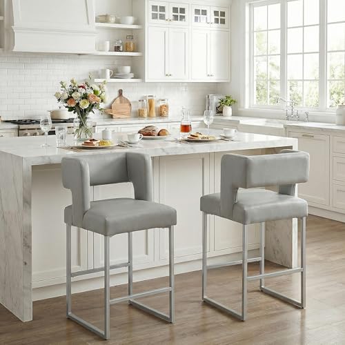 Image of 26 inch H PU Leather Bar Stools Set of 2, Counter Height Bar Seats with Square Back, Modern Upholstered Armless Barstools with Metal Silver Legs for Kitchen Island Dining Room Bar, Light Grey