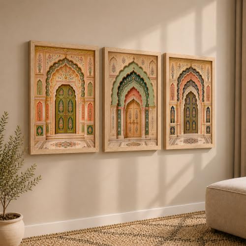 Image of NoWorries Arch Wall Art Set of 3 Framed Prints | Indian Traditional Palace Door Painting, Royal Rajasthani Architecture Poster, Vintage Floral Ethnic Wall Decor for Living Room Bedroom Home (Synthetic Engineered Wooden Frame) (MIN -3, 25x37 inches)