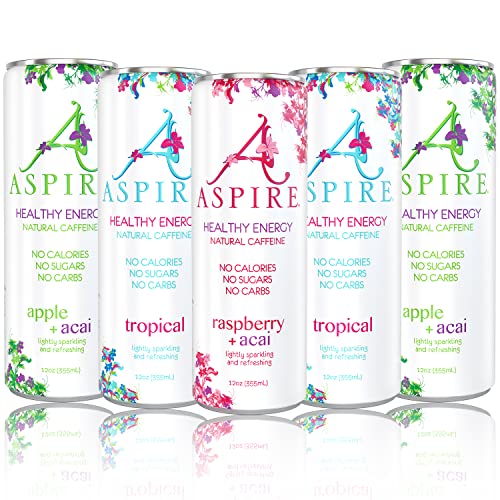 Aspire Healthy Energy Drink - 12 Pack Bundle - Raspberry, Tropical, Apple Acai - Zero Sugar, Calories Or Carbs – Contains Natural Caffeine, Vitamins B & C - No Jitters Or Crash – 12Oz Cans #TOP24