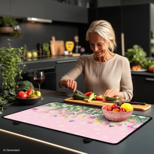 Image of Stove Top Covers for Electric Stove Heat Resistant Glass Ceramic Top Stove Cover Protector Anti-Scratch Induction Cooktop Cover, 29 x 21 Inch, Butterfly Tulip Daisy Mushroom Pink
