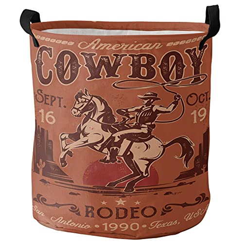 Image of 17 Inches Laundry Basket Collapsible Storage Bin, Western Cowboy Riding Poster Waterproof Oxford Fabric Clothes Basket Laundry Hamper for Dorm, Office, Home, Vintage Brown Dusk Backdrop