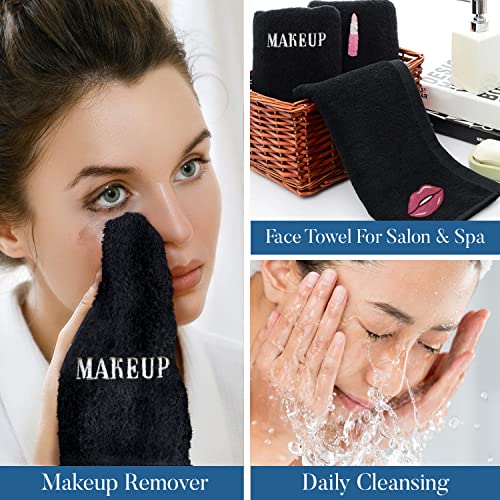 Image of DAN River Black Makeup Towels - Pack of 6 (13x13 in) - Ultra Soft Cotton Face Towels with Embroidery - Reusable, Quick-Dry & Machine Washable Makeup Remover Cloths for Bathroom, Spa & Salon