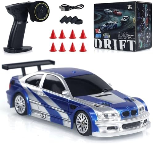 RC Remote Control Sports Car, 1/43 Scale Mini Racing Drift Car Toy 2.4G Full Proportional RC Electric Model with Lights, Remote Control Vehicle for Adults Teen - RTR Version/Blue White