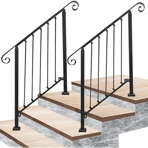 SMONTER Handrails for Outdoor Steps, 2-3 Step Porch Stair Railing for Exterior Steps, Wrought Iron Railing with Installation Kit for Deck Gates Porch Concrete Fit, 2 Pack Cover