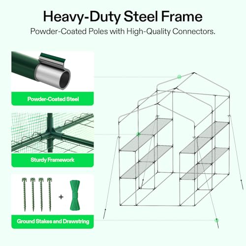 Image of VIVOSUN 57x57x77 Inch Mini Walk in Green House with Window and Anchor, Plant Garden Hot House 2 Tiers 8 Shelves, 4.7 x 4.7 x 6.4 FT
