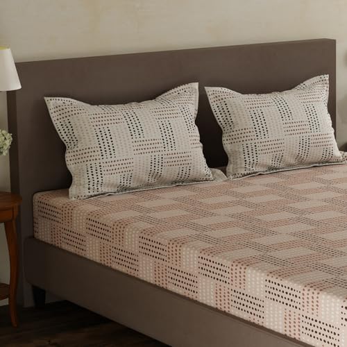 Image of Layers 100% Cotton Double Size Bedsheet Set | Beige Geometric Print | 120 TC Forever Collection | Soft & Breathable | Washable Bedsheet with 2 Pillow Covers | All Season