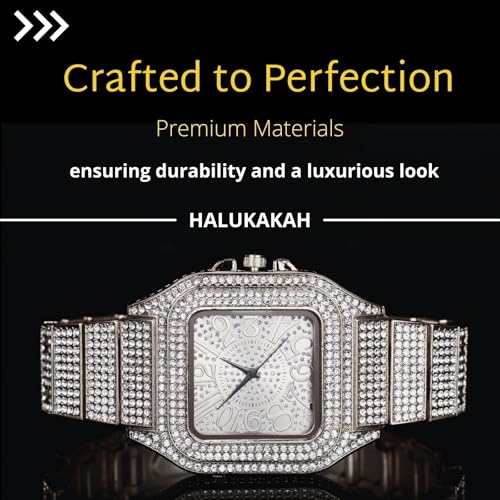 Image of Halukakah Diamonds Watch Iced Out for Boy Teens Kids - 18K Real Gold /Platinum Plated,Arabic Numerals Square Dial,Japanese Quartz - 7.3 inch Length - Optional with Cuban Link Chain - for Birthday,Parties