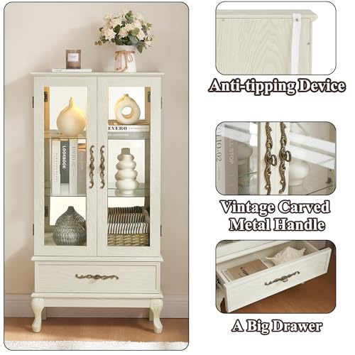 Image of 51 inch H Lighted Curio Cabinet Display Case, Glass Curio Cabinet with Adjustable Shelves,Tempered Glass Door and Drawer, Wooden Cabinets w /Mirrored Back Pane for Living Room (Antique White)