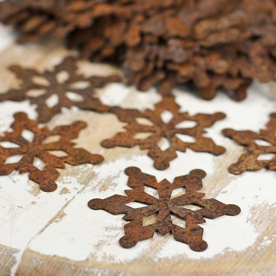 Pack of 18 Primitive Rusty Tin Snowflake Cutouts - Rusted Metal Christmas Holiday Shapes for Crafts and Rustic Decorations (2