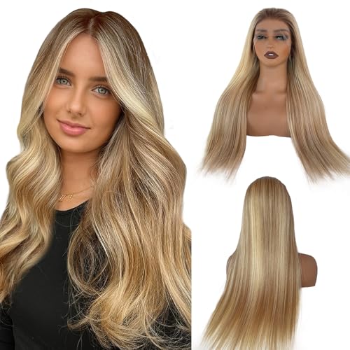 Image of Ombre Blonde Wigs Human Hair 13x6 Straight Highlight Blonde Lace Front Wig Human Hair with Brown Roots Brazilian Remy HD Lace Frontal Wigs for White Women 180% Density Pre Plucked Hairline 18inch