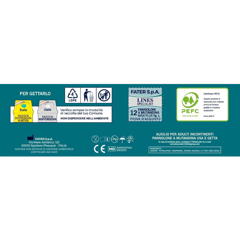 Lines Specialist Pañal de braguita Maxi Plus para incontinencia mujer y hombre, alta protección hasta 12 horas, cero olores, talla L, suministro mensual, paquete de 48 unidades
