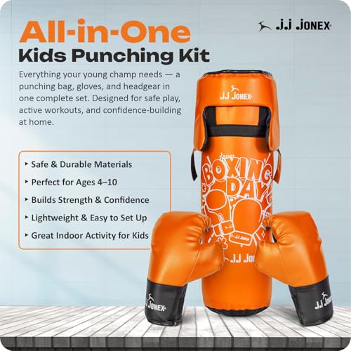 Image of JJ Jonex Sports Kids Boxing Punching Bag Set - Heavy Boxing Bag, Gloves, MMA, Home Gym & Martial Arts Training Equipment | for Boys & Girls for Age 3 4 5 6 7 8 Years |Orange Color |