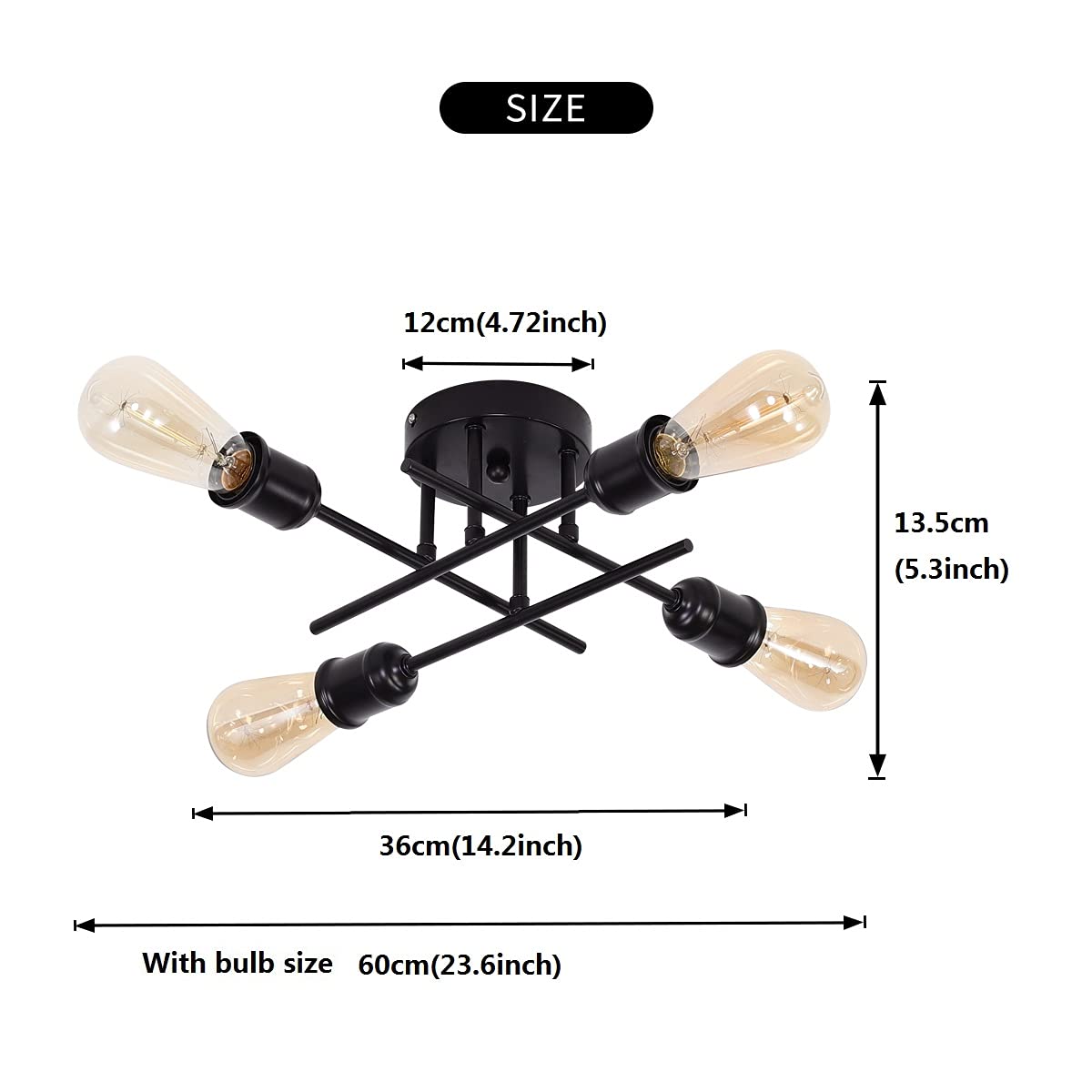 Qcyuui Lampada da Soffitto Vintage, Sputnik Lampadario 4 Bracci Industriale da Lampada a Sospensione Moderna in Metallo con Supporto E27 Verniciato Nero per Soggiorno Loft Cucina