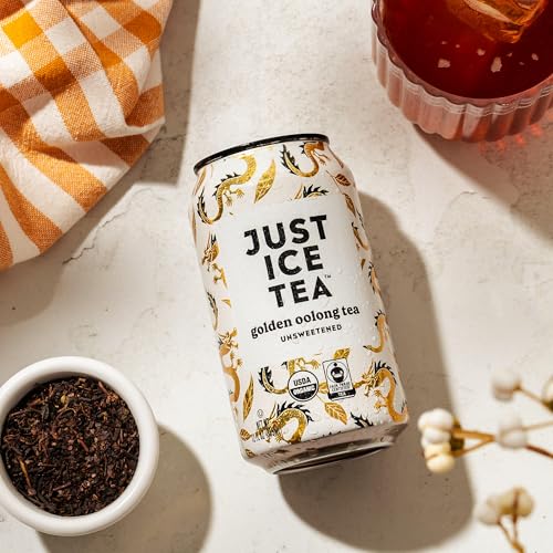 Image of Just Ice Tea, Golden Oolong Iced Tea, 12-Pack (12oz Cans), Green Tea, USDA Certified Organic, Real Brewed, No Calories, Unsweetened, Fair Trade, Made in USA.