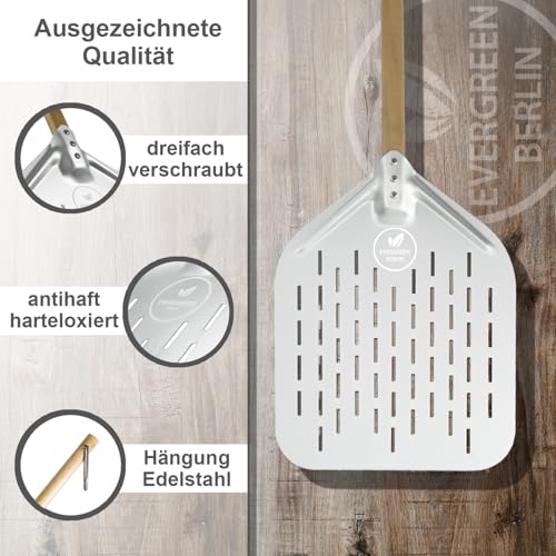 EVERGREEN BERLIN - Pizzaschieber - DAS ORIGINAL - Pizzaschieber perforiert - Pizzaheber aus Alu und Buchenholz - Pizzaschaufel perforiert für Pizza Passion - Pizzawender - Pizza Schieber - Pizza Peel 2