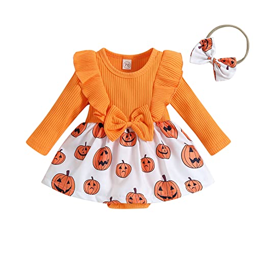Halloween Newborn Baby Girls Romper Dress Ruffles Long Sleeve Bowknot Pumpkin Print Skirt Hem Jumpsuits Headband (Orange Pumpkin, 3-6 Months)