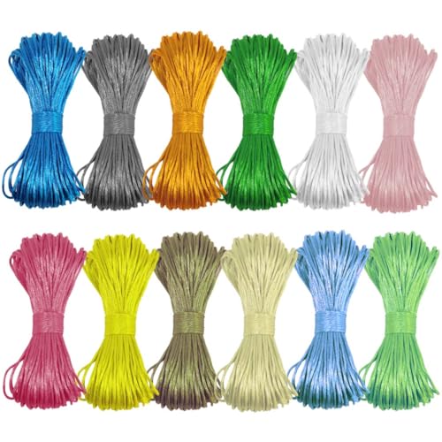 Satin Nylonschnur für Armbänder 1,5 mm, Seidenkordel, seidiges Knotenband, 252 Yard, 12 Farben,Bastelschnur, Nylonschnur für Halsketten, Armbänder, Perlen, Bastelarbeiten Satinkordel für Armbänder