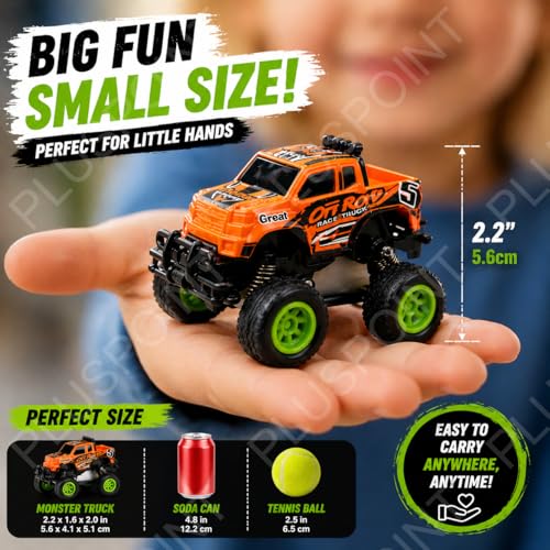 Image of PLUSPOINT 4 Pack Die-Cast Monster Trucks for Kids, Pull Back Toy Cars 1:48 Scale, Metal Body Off-Road Big Tire Trucks with Shock Absorbers, Durable Mini Monster Truck Set for Boys and Girls Ages 3-8