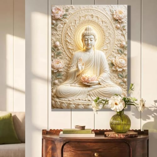 Image of PAINTINGMANTRA Spiritual Buddha Painting for Living Room, Buddha wall Art Painting for living room, Bedroom, office and Meditation Room, Canvas, 16x22 Inch
