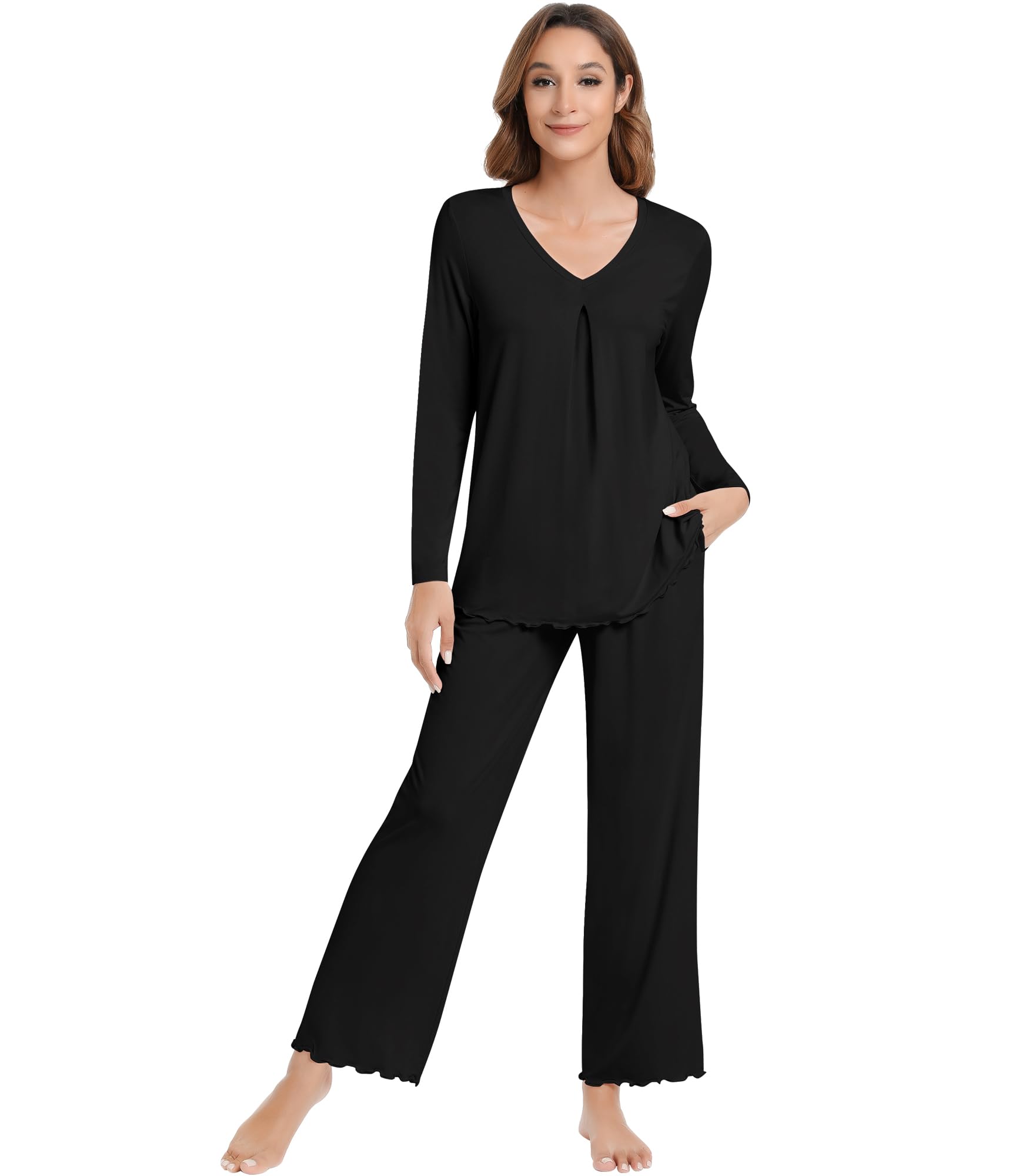 NACHILA Womens Pajamas Set-Viscose Made from Bamboo Long Sleeve Sleepwear V Neck Pjs Top with Pants Comfy Pajama
