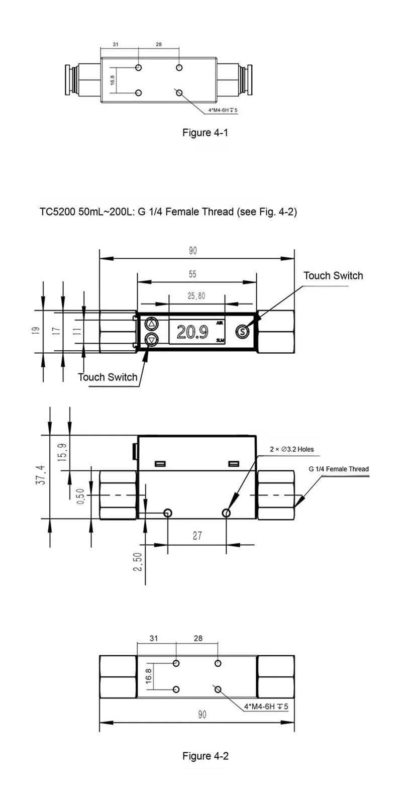 Medidor de caudal másico térmico de bajo caudal TC5200 RS485 4-20 mA(TC5200-20L-A)