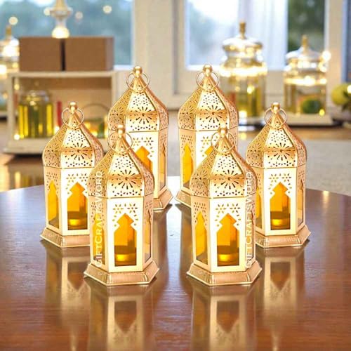 Image of Moroccan Hexagon Lanterns - Set of 6, Golden, Ideal for Diwali & Christmas Decor