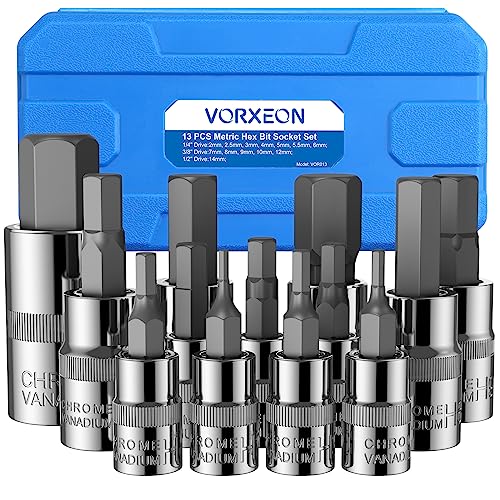 VORXEON 13Pcs Jeu de Douilles Allen 1/2 3/8 1/4 Douille à six pans 2mm à 14mm Set de embouts mâle à 6 pans en CRV Douille hex Douilles à embouts intérieurs...