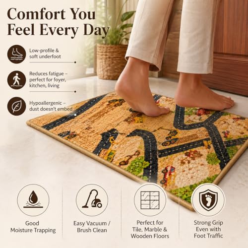 Image of Matz&More City Road Construction Site Kids Floor Mat | 40x60 CM | Brown | Nylon Tufted Gel Baking Anti-Slip | Home School Doormat | Children Play Room Entrance & Child Bedroom
