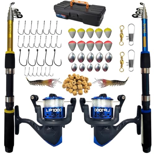 Kit de Pesca Completo com 2 Varas Telescópicas, 2 Molinetes LP1000, Anzóis, Boias, Chumbadas e Acessórios