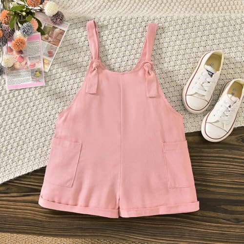Image of HINTINA Toddler Girl Overall Shorts Set Adjustable Loose Jumpsuit Short Sleeve T-shirt Vacation Summer Outfits with Pockets
