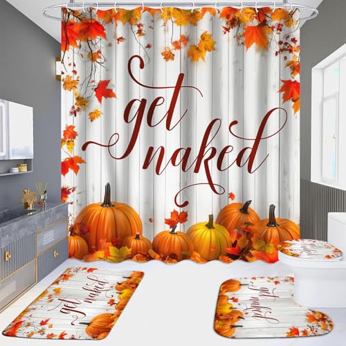 Get Naked Fall Shower Curtain Bathroom Sets Autumn Themed Orange Pumpkin Maple Leaf Shower Curtains 4P, Waterproof Fabric Funny Farmhouse Harvest Thanksgiving Halloween Bath Restroom Toilet Decoration