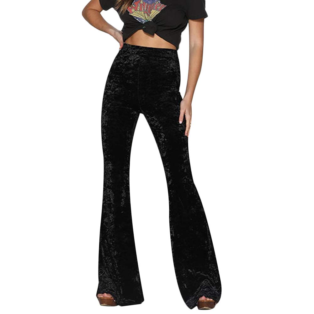 XZmy Women Velvet High Waist Wide Leg Long Palazzo Bell Bottom Yoga Pants Flare Pants Black