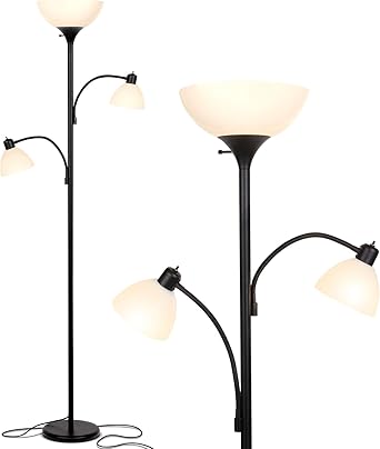 Double LED Floor lamp, Torchiere Super Bright Floor Lamp with 2 Reading Lamps for Living Rooms & Offices - Dimmable Tall Standing Lamp for Bedroom Reading - Tall Black Pole
