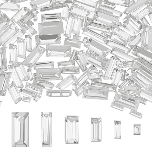 FINGERINSPIRE 180pcs Mini Clear Pointed Back Rhinestone 6 Sizes Rectangle Faceted Glass Rhinestone Clear No Hole Gems Crystal Jewelry Embellishments with Silver Plated Back for DIY