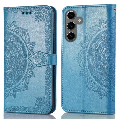 Image of ClickCase Queen Series for Samsung Galaxy M35 5G Leather Flower Embossing Wallet Flip case Magnetic Closure Flip Cover for Samsung Galaxy M35 5G (Sky Blue)